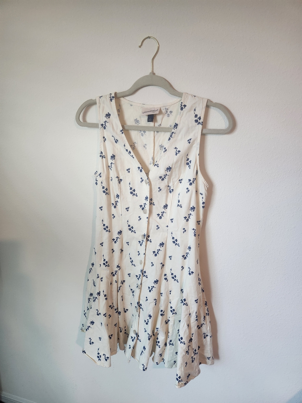 Sleeveless Button Down Cream Dress with Blue Floral Print